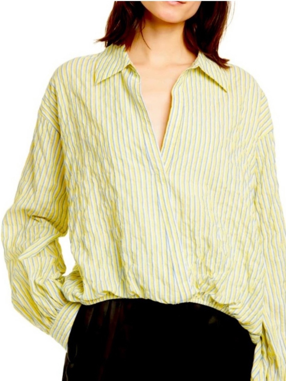 Cinq A Sept light yellow crinkle striped Lillian blouse